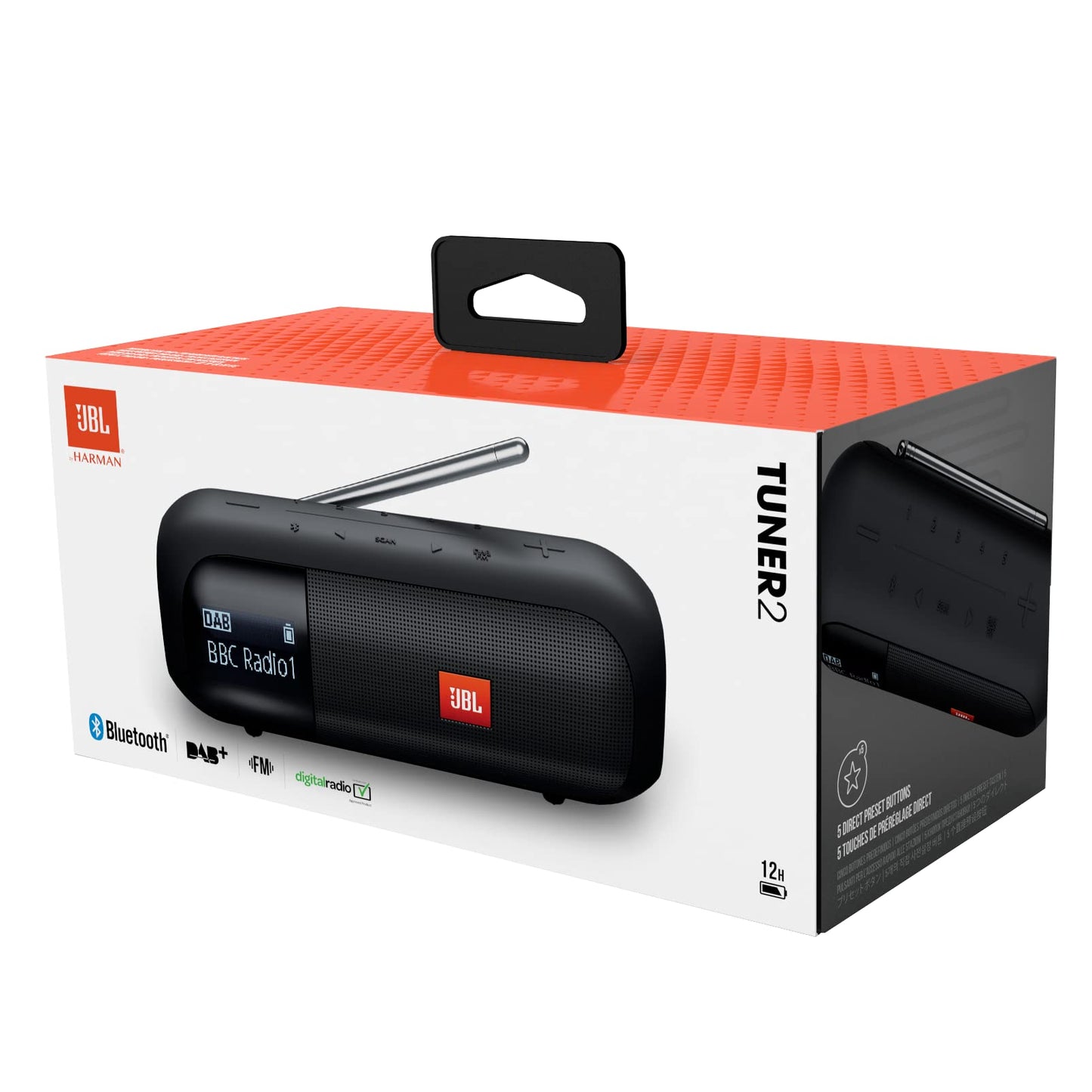 JBL Tuner 2, Tragbarer Bluetooth Lautsprecher mit DAB+/UKW, 12h Akku