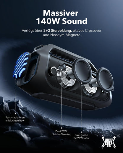 Soundcore Boom 2 Plus, 140W Outdoor Bluetooth Lautsprecher, IPX7, 20h Akku
